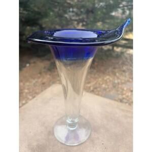 Vintage Cobalt Blue  Vase Calla Lily Shaped clear base 9 inches